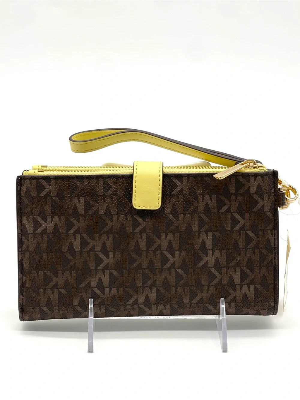 Michael Kors Large Double Zip Brown MK Logo Wristlet with Yellow Trim